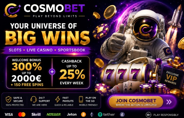 Cosmobet: 300% welcome bonus up to 2,000 EUR plus 150 free spins, 25% weekly cashback